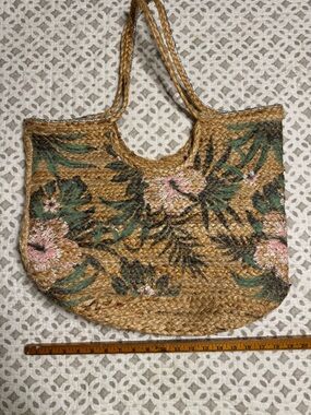 Handwoven Jute Tan Floral Straw Tote with Pink and Green Accents